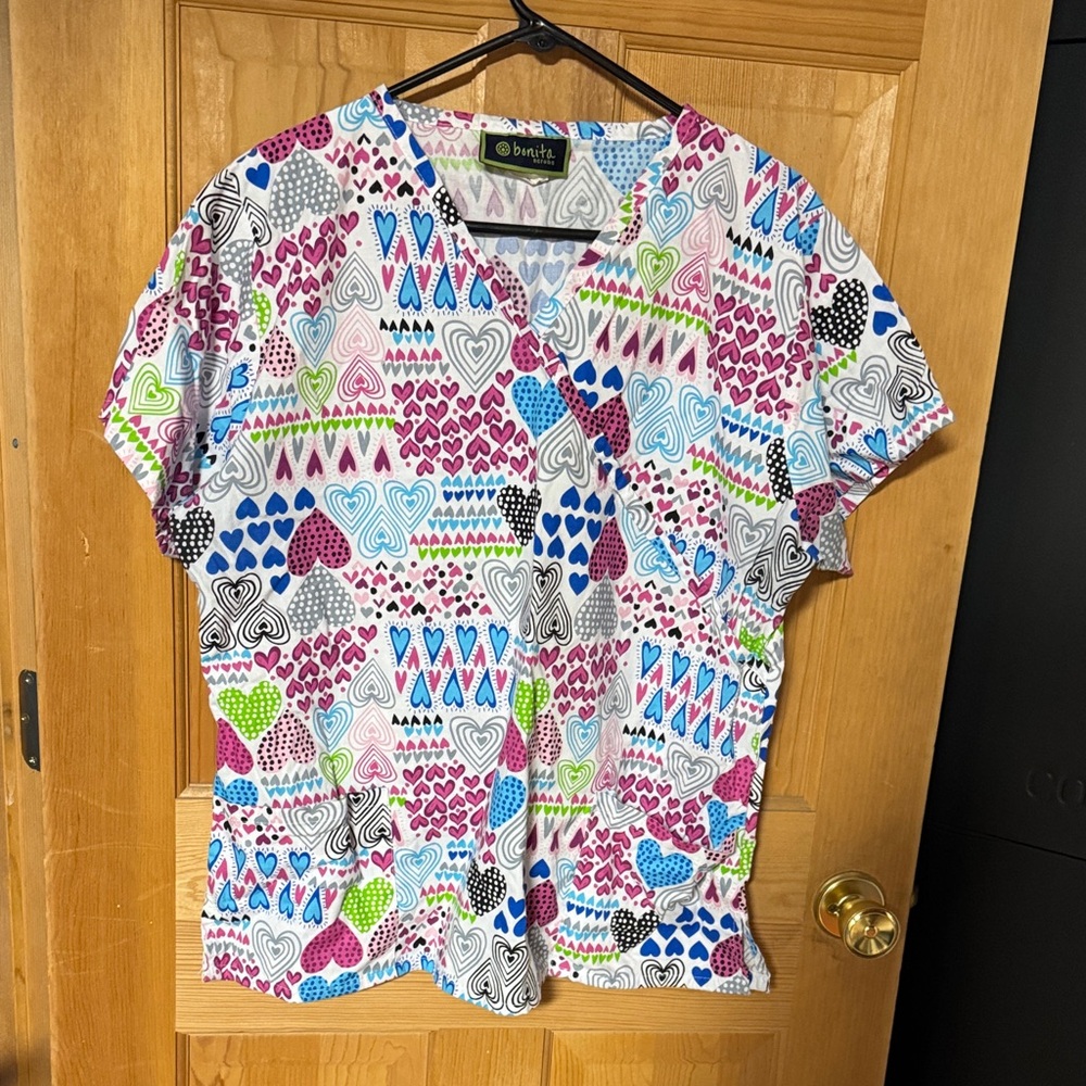 Colorful Heart Patterned Scrub Top